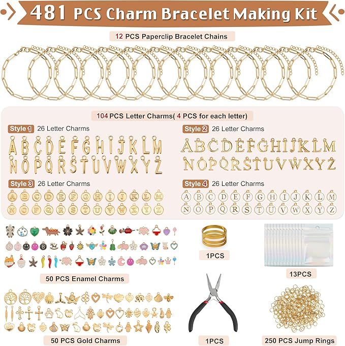 Starry 481 Pieces Gold Charm Bracelet Making Kit with Pliers Including 12 Paperclip Chain 100 Charms Jewelry,104 Letter Charms Kit,Pliers/Jump Rings Supplies for Adult DIY Crafting and Jewelry Making