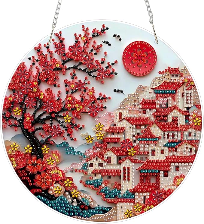 Lxmsja DIY Chinese Village Diamond Painting Hanging Ornament, Double-Sided Acrylic Red Blossoms Diamond Art Kit, Special Shaped Suncatcher Hanging Pendant Window Art Kit