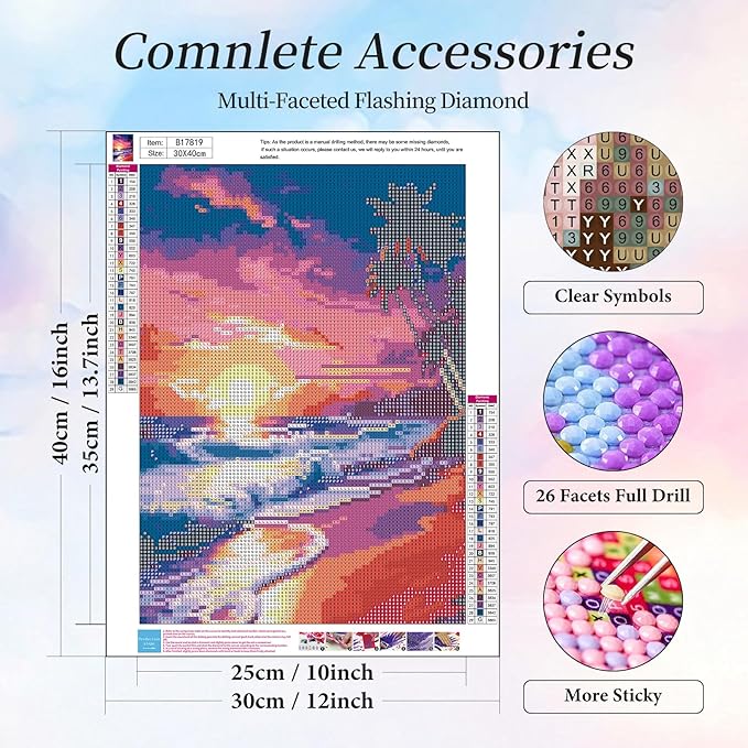 Camocin Diamond Art Kits for Adults Beach, 5D Sunset Landscape Diamond Painting Kits for Adults Beginners, DIY Beach Full Round Dots Drill Gem Art Kit for Gift Home Wall Decor 12 x 16 Inch