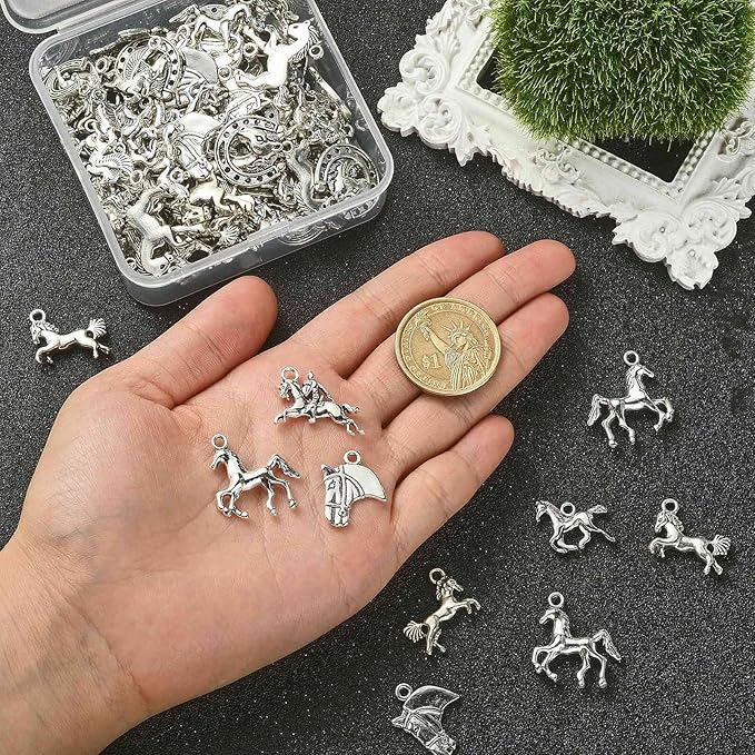 DanLingJewelry 100Pcs 10 Styles Antique Silver Horse & Horseshoe Animal Charms for DIY Jewelry Making