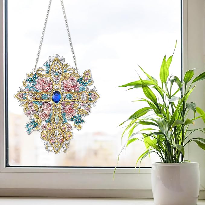NAIMOER Diamond Art Hanging Kits for Adults, Religion Cross Diamond Art Suncatchers, 5D Special Shape Fall Diamonds Painting Pendant Window Ornament Gifts for Home Garden Door Wall Decor