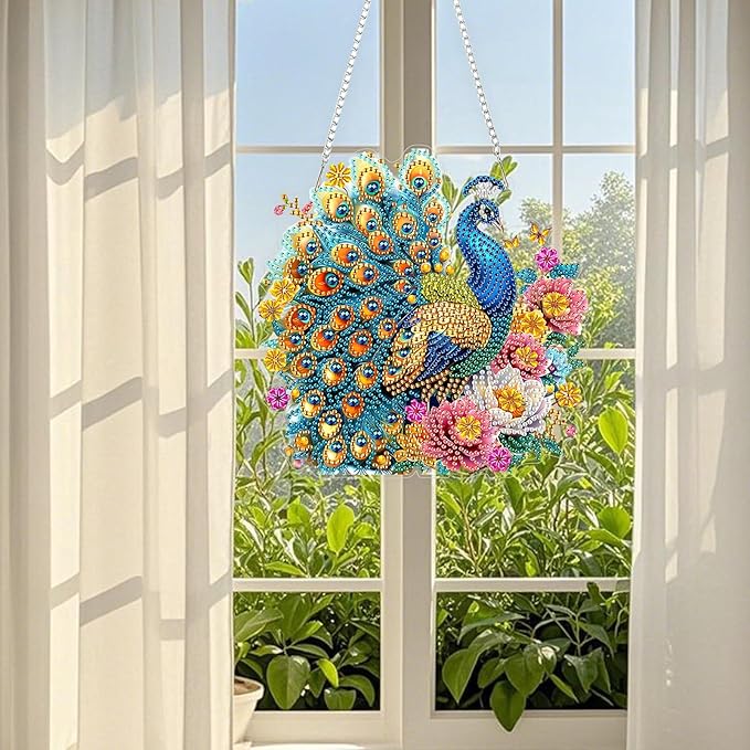 TOSTOG Flower Peacock Diamond Art Pendant Kit for Adult, Elegant Diamond Painting Hanging Kit for Beginners, 5D DIY Crafts Gem Art, Waterproof Full Accessories for Home Decor Idea 20 * 20 cm/8 * 8 in