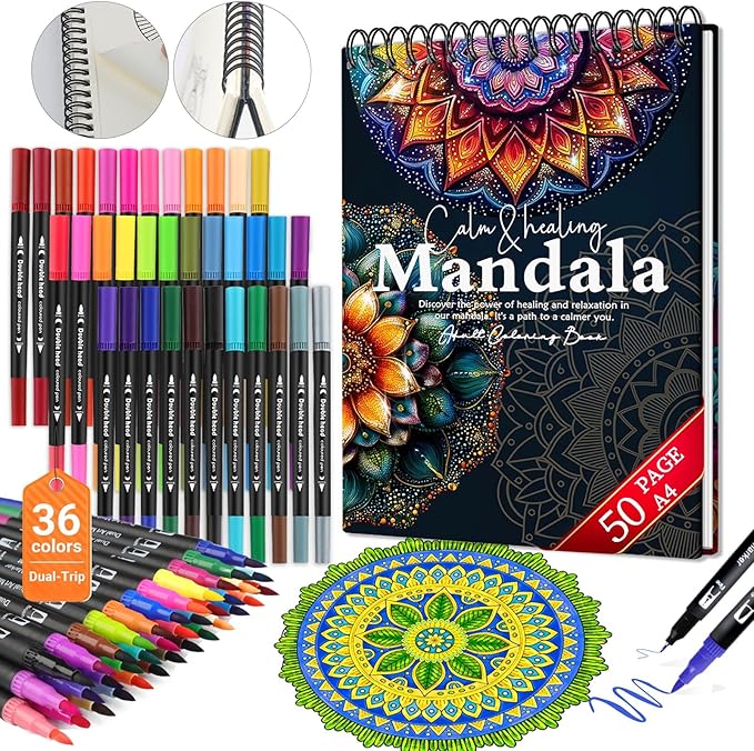 Mandala Coloring Book for Adults: 50 Relaxing Patterns with Spiral Bound Hardcover & 36 Dual-Tip Markers - Mindfulness Arts and Crafts Gift for Women