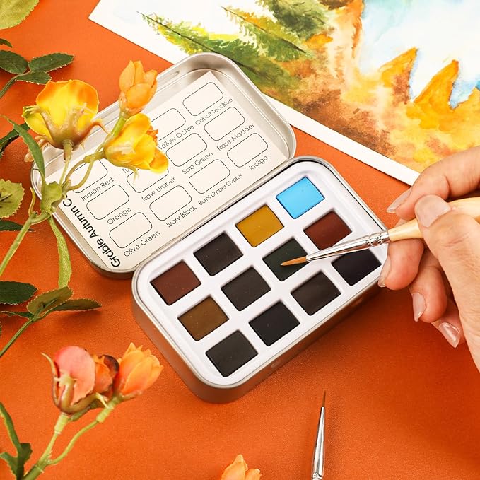 Grabie Pocket Watercolor Set of 12, Travel Watercolor Paint Set, Watercolor Paints, Art Supplies for Painting, Great Watercolor Set for Artists, Amateur Hobbyists and Painting (Autumn)