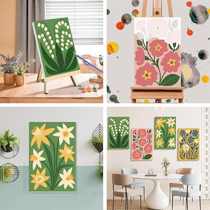 4 Pack Paint by Numbers for Adults with Framed Canvas - with Wooden Easel, Easy Flower Paint by Number for Beginners, Flowers Acrylic Oil Painting on Canvas with Brushes for Home Wall Decor 8x12 inch