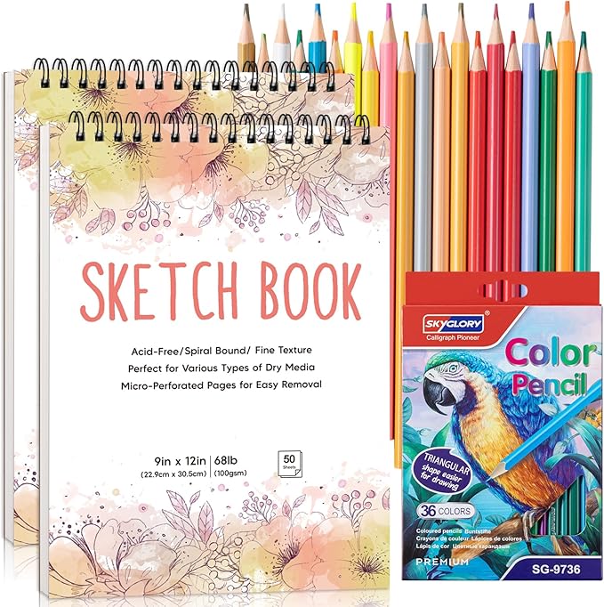 2 Pack Sketch Book with 36 Color Pencil Set, Spiral Sketchbook for Drawing (68lb/100gsm), Acid-Free Sketch Pad for Artist(9×12 inch), Art Paper Drawing Supplies for Gifts (Petal Theme)