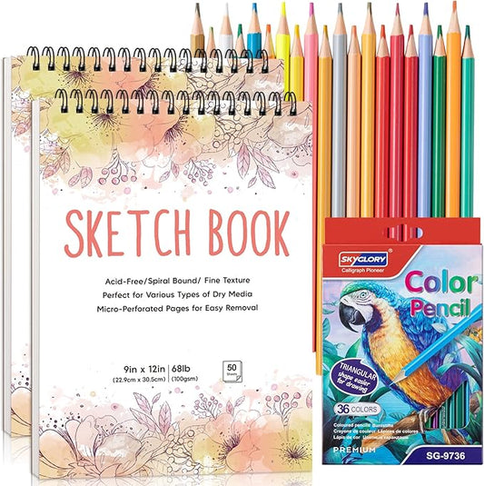 2 Pack Sketch Book with 36 Color Pencil Set, Spiral Sketchbook for Drawing (68lb/100gsm), Acid-Free Sketch Pad for Artist(9×12 inch), Art Paper Drawing Supplies for Gifts (Petal Theme)