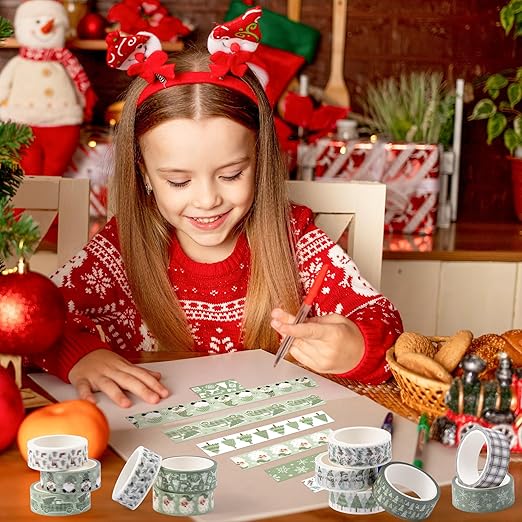 Sage Green Washi Tape - 12 Rolls Christmas Sage Design, Acid Free Residue Free Adhesive Easy Tear DIY Art Crafts for Christmas Gift Wrapping, Scrapbook, Journal Decor, Holiday Projects