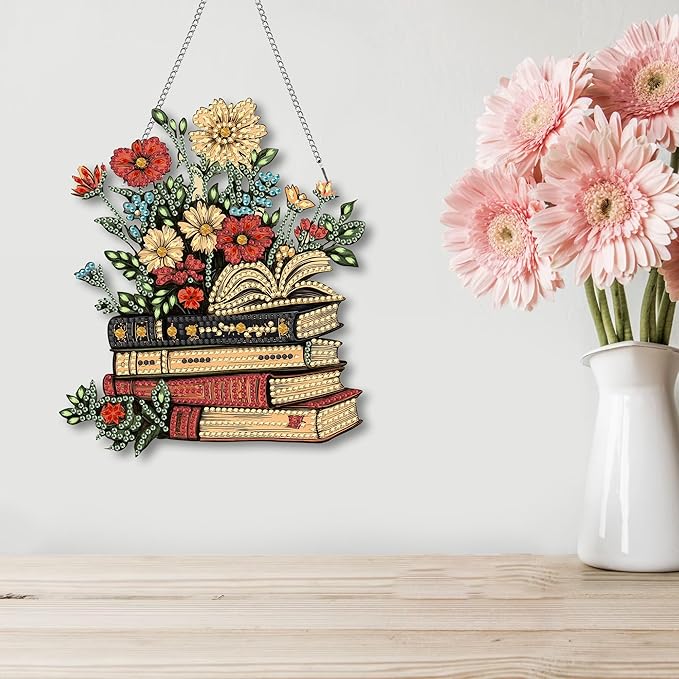 Kaliosy Sun Catcher Books Window Hanging - Outdoor Porch Decor, Flowers-Themed Diamond Art Ornament, Acrylic Board Diamond Painting for Wall Home Garden, Front Door Sign, Indoor Decor 8x8 inch