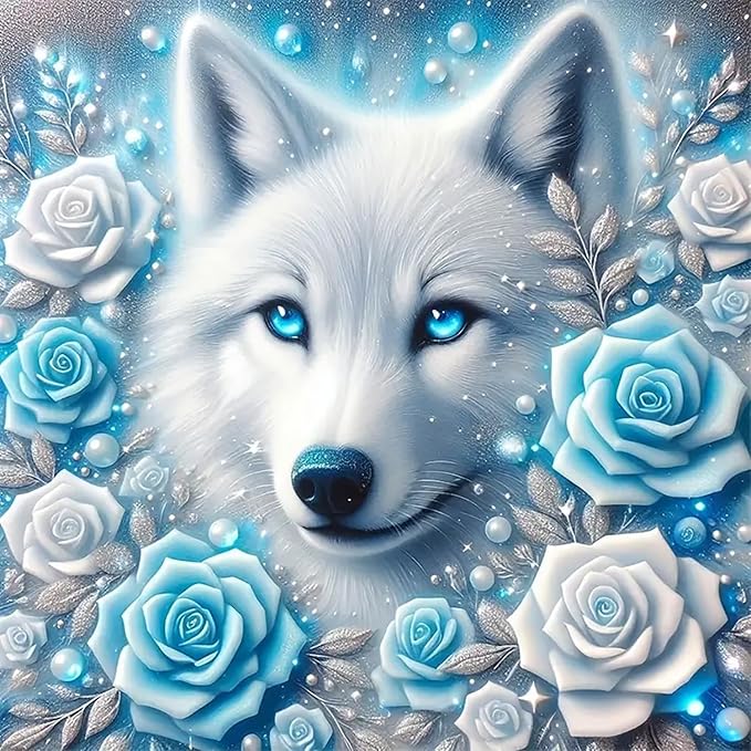 CZYWJMEI Wolf 5D Diamond Painting Kits for Adults Beginners,DIY Blue Rose Flower Diamond Art Kits,Full Round Drill Diamond Dot Gem Art Kits,Home Wall Decor 13.7 x13.7nch