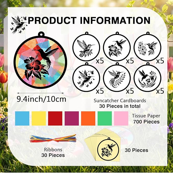 30 Pcs Spring Summer Hummingbird Suncatcher Craft Kits, Colorful DIY Stained Glass Effect Tissue Paper Art Set Bulk for Creative Group Activities Party Seasonal Decor