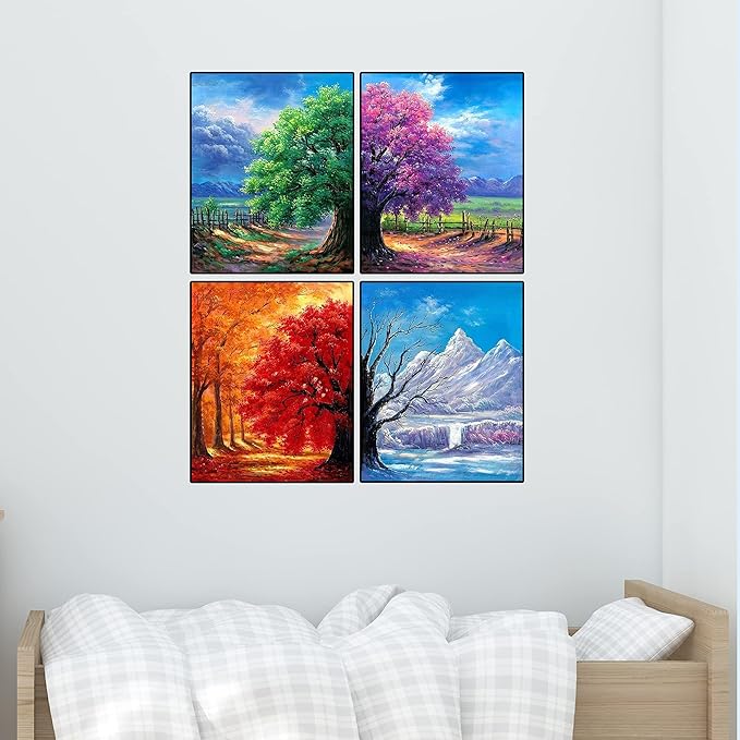 Muzagroo Art 4 Pack 5D Diamond Painting Kits for Adults DIY Diamond Art Kits 4 Seasons Trees Wall Art for Living Room Adults Crafts Diamond Dot Gem Art Kits for Beginners