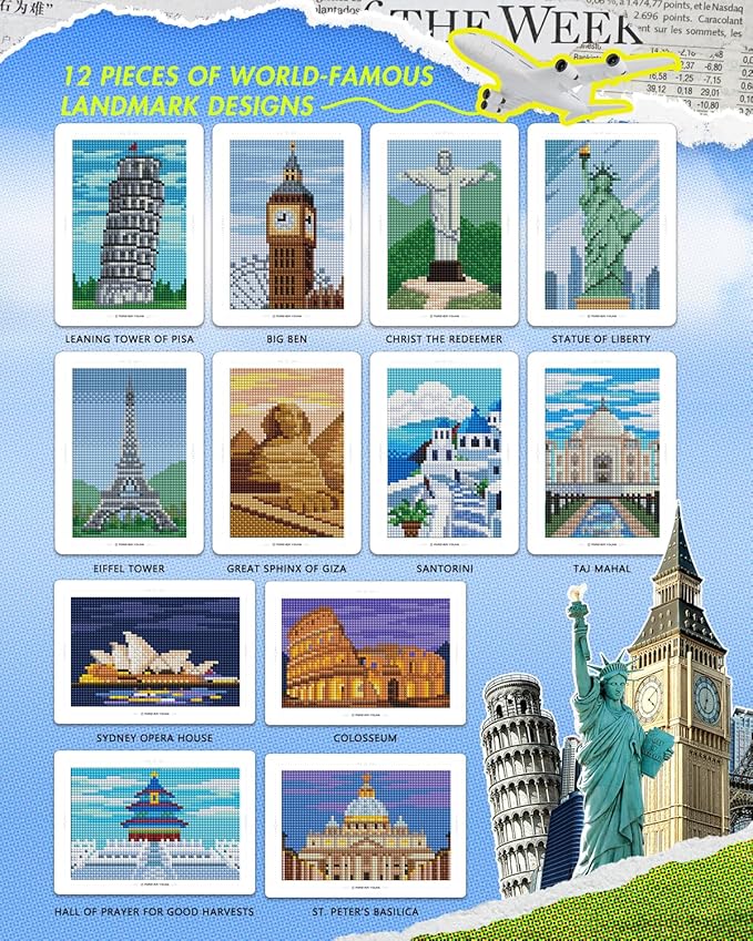 forever young Minigem Small Diamond Art Kits for Beginners, 12Pcs World-Famous Landmark Square Diamond Painting Kits for Adults, 3-Hour Postcard-Style Mini Diamond Art Kits (5x7 Inch)