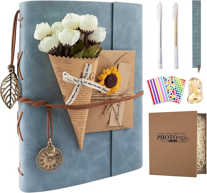 Scrapbook Photo Album 100 Pages, 60 Page Self Adhesive+40 Page Kraft Paper DIY Photo Book for 2x3 3x5 4x6 5x7 Pictures, Leather Memory Book for Wedding Baby Family Travel Birthday Christmas