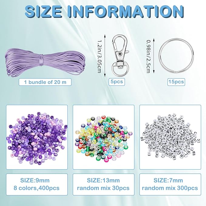 BEEFLYING 750 Pcs DIY Bead Keychain Kit Key Chain Making Crafts Letter Beads Strings Adjustable Alphabet Key Ring Jewelry Backpack Accessories Holiday Party Festival Favor Gift (Purple)