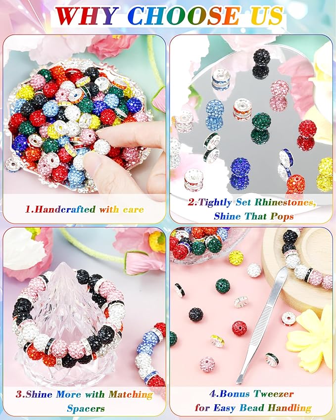 180pcs fiveizero 10mm rhinestone beads for jewelry making – sparkly round crystal clay beads & spacers in patriotic baseball team colors for bracelets, necklaces & diy crafts (red, blue, white)