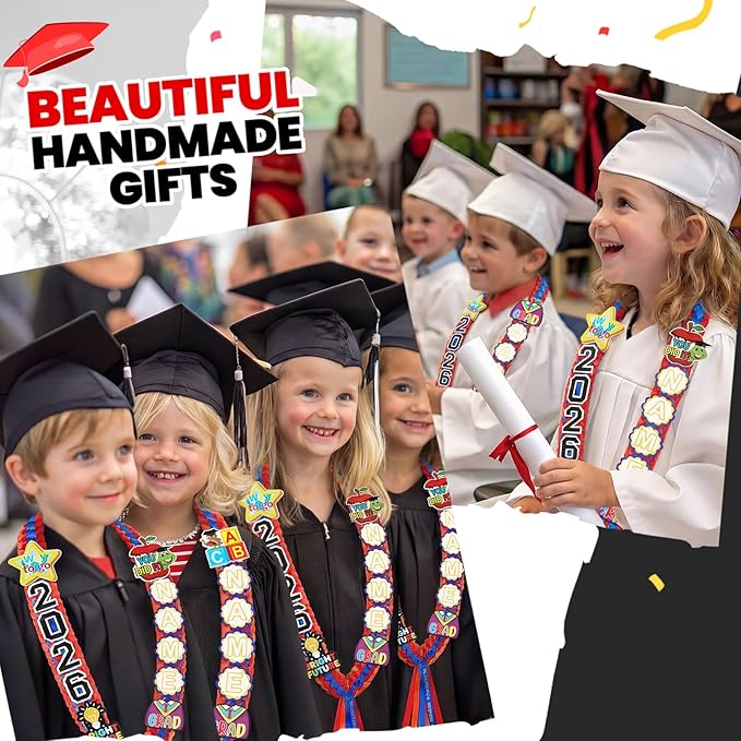 Juexica Kindergarten Graduation Ribbon Leis Class of 2026 Braided Necklace Making Kit with Alphabetic Decorative Cards Preschool Kids Grad Graduation Party Gifts(Red, Blue)