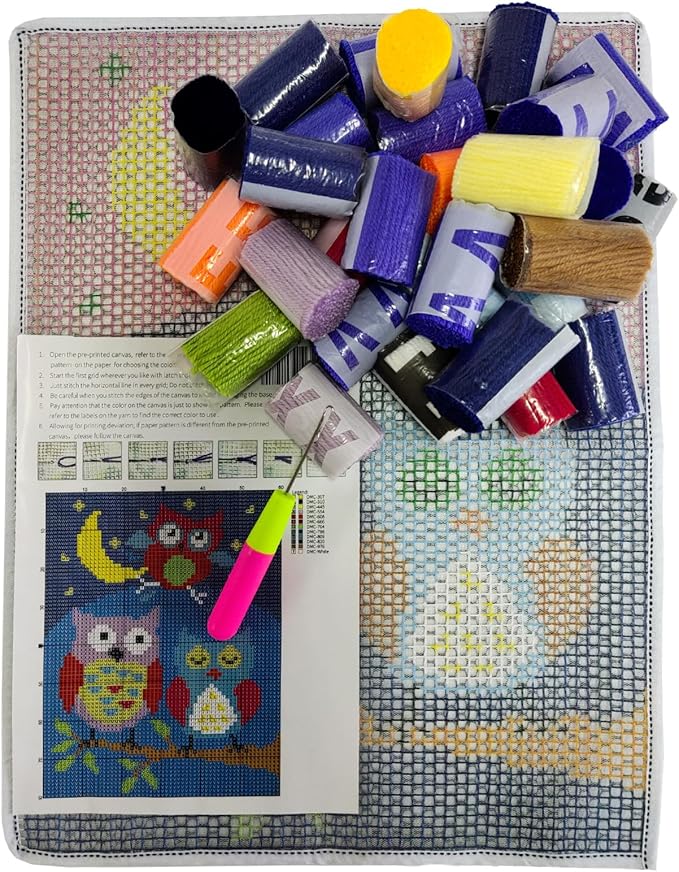MIAOLLUN Latch Hook Kits, Cute Owl Under The Moon DIY Latch Hook Rug Crafts for Adults Beginner with Printed Canvas Pattern Embroidery for Home Decor Gift 52X38cm/20.5 Inch X15 Inch