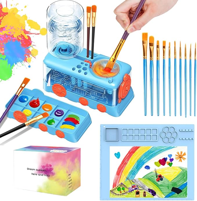 Paint Brush Cleaning Kit for Kids with 5 Brushes, Art Smock, Washable Mat, Guidebook, Spiral Brush Cleaner Jar for Watercolor(Blue)