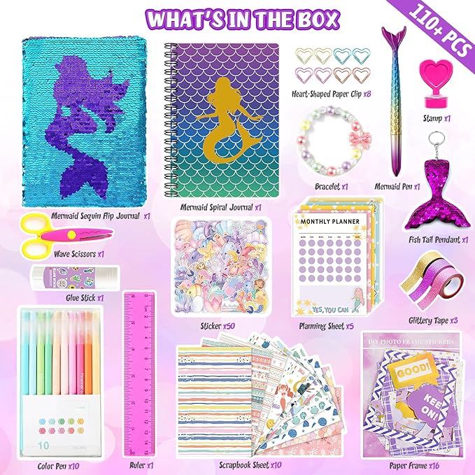 2-pack diy journal kit for girls ages 8-12 13 14 year olds, birthday gifts for teen girls, 110pcs art crafts scrapbook supplies for tween kids, kawaii diary stationary set with mermaid sequin journal