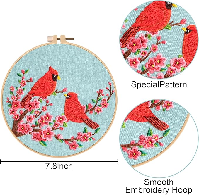 Nuberlic 3 Pack Embroidery Kit for Beginner Adults, Cross Stitch Set with Cardinal & Blue Bird Patterns, Includes Cloth, Hoops, Threads, Needles, Instructions