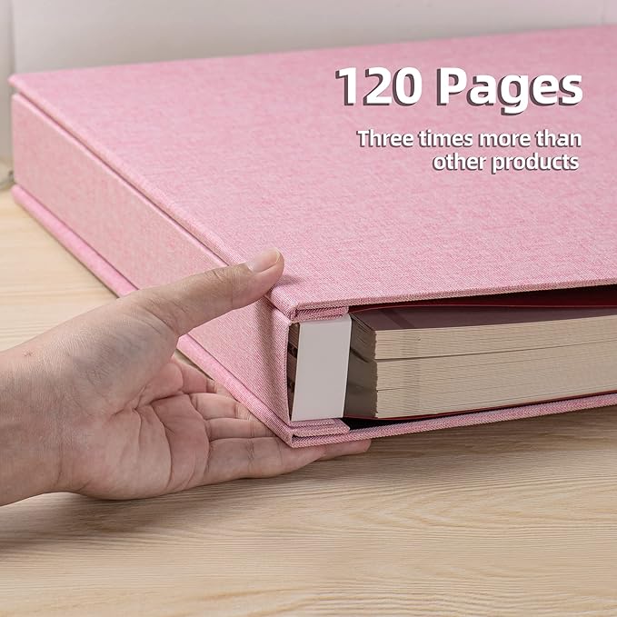Large Photo Album Self Adhesive 4x6 5x7 3x5 8.5x11 Scrapbook Magnetic Album DIY Scrap Book Length 13 x Width 12.8 (Inches) 120 Sticky Pages Linen Cover DIY Photo Album (Pink)