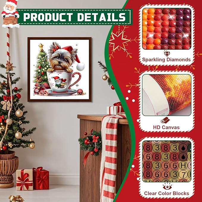 EMIEAUFG Christmas Diamond Art Kits for Adults, Christmas Dog Cup Diamond Paiting Kit for Beginners, 5D DIY Round Full Drill Craft Diamond Dot Gem Art, Home Wall Decor 12" x 12"