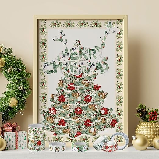 Whaline 12 Rolls Christmas Floral Washi Tape Xmas Watercolor Berry Holly Leaves Pine Cones Elk Bell Plants Masking Tape Winter Holiday Decorative Tape for Scrapbook Journal DIY Craft Gift Wrapping