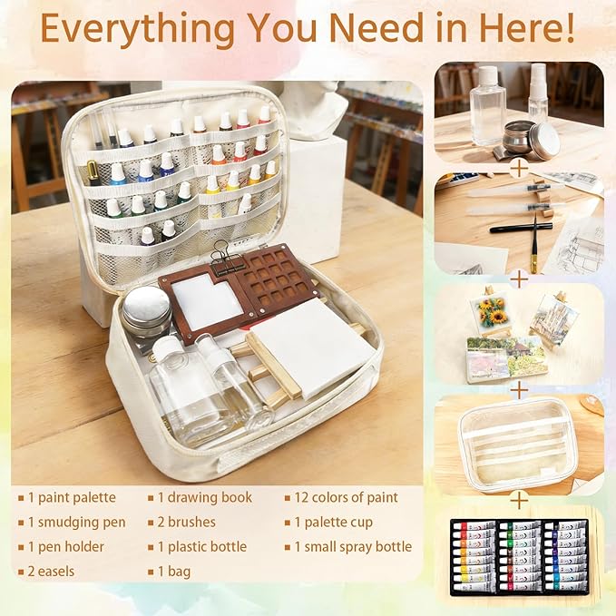 Mini Watercolor Travel Paint Set,34Pcs Artist Watercolor Palette Travel Set with Colors,Wooden Paint Box,Brush,Holder,Oil Cup,Plastic Bottles Storage Bag for Beginners Artists Student(15 Grids)