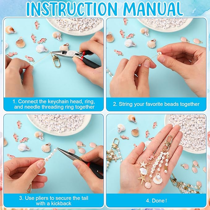 Cunno 776 Pcs Seashell Keychain Making Kit Ocean DIY Craft Key Chain Starfish Pearl Seahorse Letter Name Beads with Keychain Clip and Tool Accessories for Backpacks Purse Tote Bag Crafts DIY Supplies