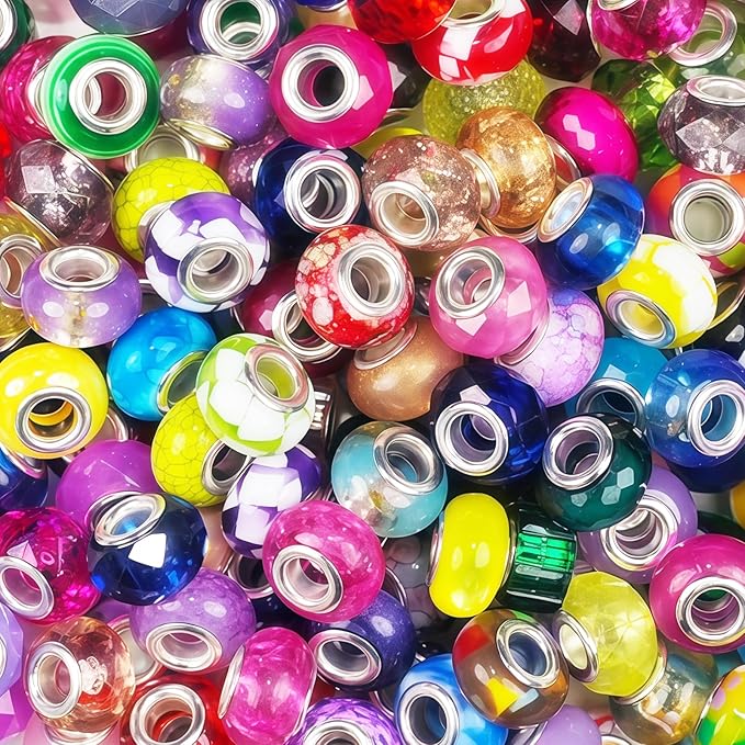 100Pcs Large Hole Beads for Jewelry Making, Assorted European Craft Big Beads Large Hole Lampwork Murano Bead Fairy Wand Garden Bead for DIY Beadable Pens Charm Bracelet Necklace Decoration Supplies