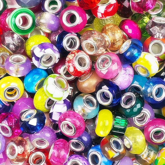 100Pcs Large Hole Beads for Jewelry Making, Assorted European Craft Big Beads Large Hole Lampwork Murano Bead Fairy Wand Garden Bead for DIY Beadable Pens Charm Bracelet Necklace Decoration Supplies