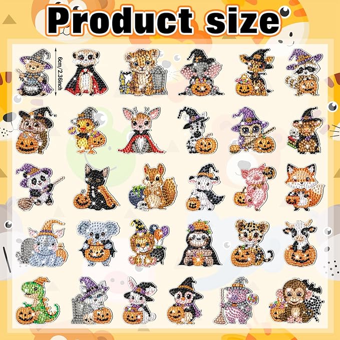 Xuhal 30 Pcs Halloween Diamond Painting Magnets Halloween Animal Diamond Art Magnet Kits for Adults Cute 5D Rhinestone Witch Hat Pumpkin Animal Refrigerator Magnetic Sticker for DIY Craft Fridge Gifts