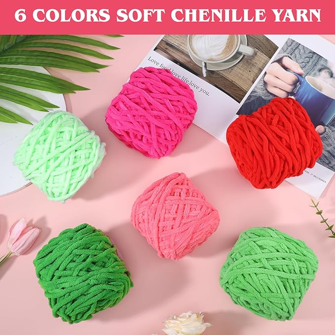 WSICSE Red Green Chenille Yarn, Thick Chunky Fluffy Blanket Yarn for Crocheting Plush Soft for Knitting DIY Easter Decor Gifts, 6 Pack 100g Each 3.5 oz 55 Yards