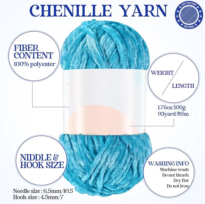 Woanger 20 Skeins Soft Chenille Yarn Velvet Blanket Yarn for Crocheting Hand Knitting Weaving DIY Craft, 10 Colors, 93 Yards Each (Blue Tone)