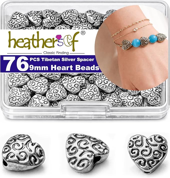 Tibetan Silver Heart Spacer 76Pcs Flat Beads for Jewelry Making Supplies Adults Small Seed Bead for Necklace Earring Bracelet Making Kit Bulk 9mm