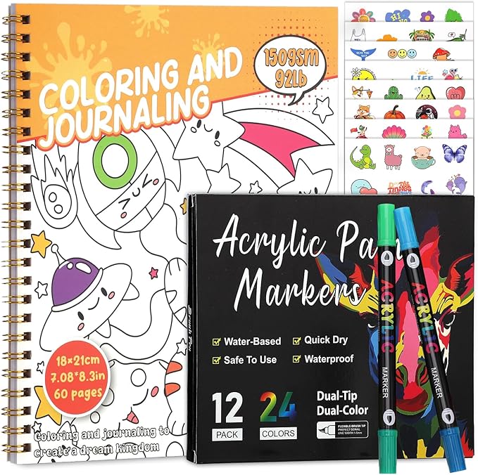 Coloring Book Set with 24-Color Acrylic Markers & Stickers, Ages 14+ Travel Sketch Book, 60 Pages 150gsm Thick Paper (7x8.3in) Spiral Bound Art Supplies