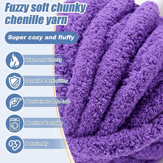 Chunky Yarn for Hand Knitting, Jumbo Chunky Yarn for Crocheting, Chunky Chenille Yarn, 1 Pack (32 yds 8.5 oz Each Skein),#7, Violet