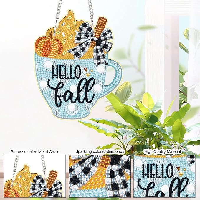 AiYuanzsh Hello Fall Diamond Painting Hanging Kit, 5D DIY Cup Shaped Ornament, Crystal Rhinestone Diamond Art Pendant for Window, Door or Wall Decoration, Thanksgiving Autumn Home Décor Craft Gift