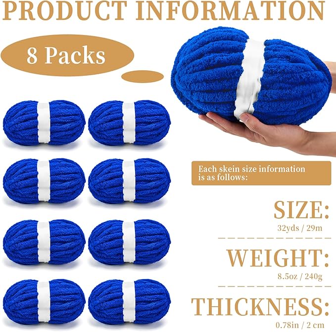 Chunky Chenille Yarn for Crocheting/Arm Knitting, Super Soft Jumbo Knit Blanket Yarn Purplish Blue 8 Pack (32 yds, 8.5 oz Each Pack)