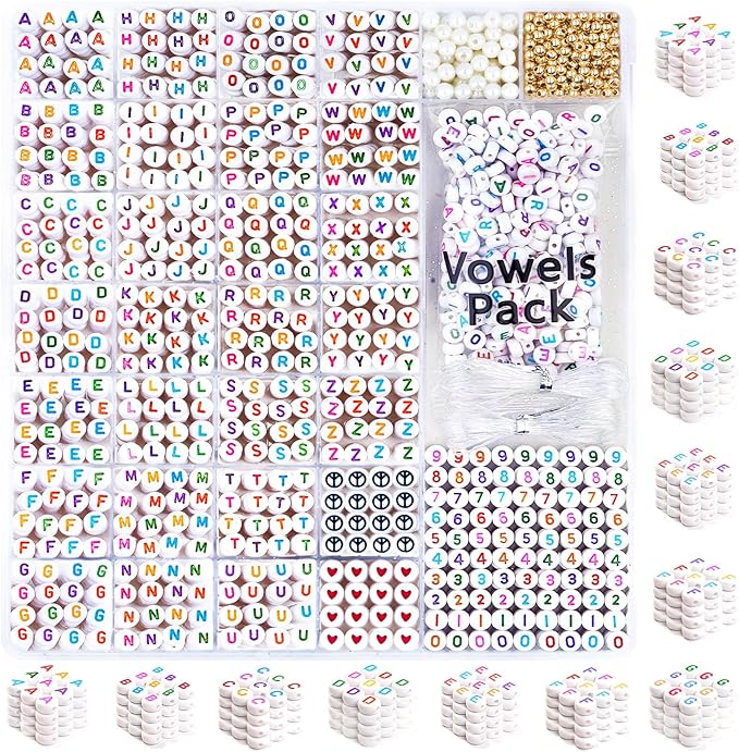 1650 Pcs Letter Beads Kit, White and Colorful Round Acrylic Alphabet Beads with Extra Vowels, Numbers & Spacers, Perfect for Friendship Bracelets