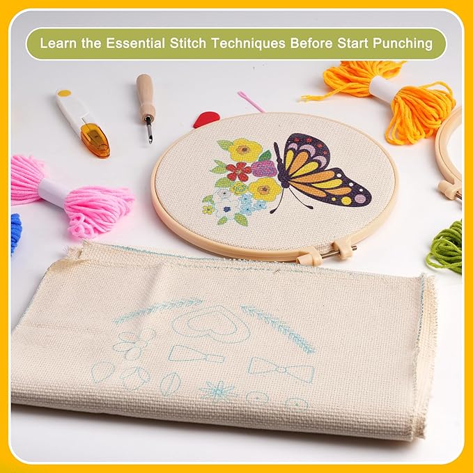 Pllieay 3 Sets Punch Needle Embroidery Kits, All-Inclusive Embroidery Kit for Beginners with Pre-Printed Fabric, Hoop, Yarns & Tools – Good Stitching Kit & Embroidery Starter Kit