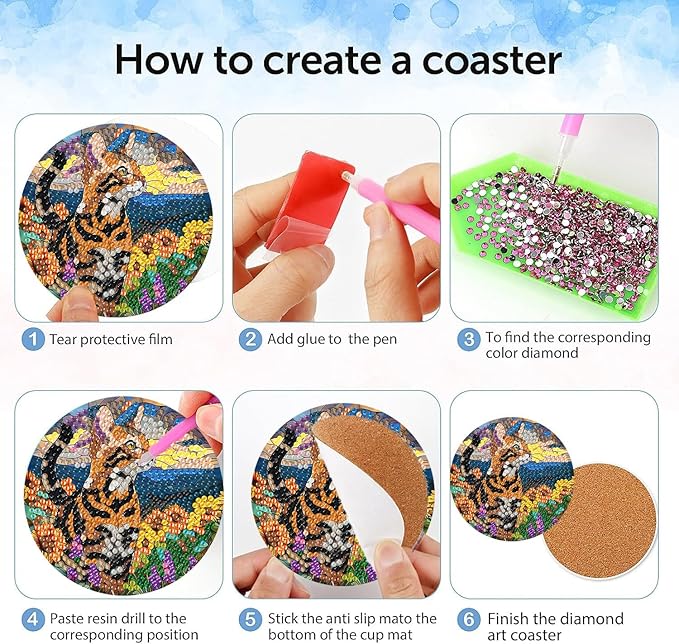 igoodom 8 Pcs Cat Diamond Art Coasters Kit with Holder, DIY Cat Diamond Painting Coasters for Beginners Adults, Non Slip Diamond Art Kits Craft Supplies 4x4inch