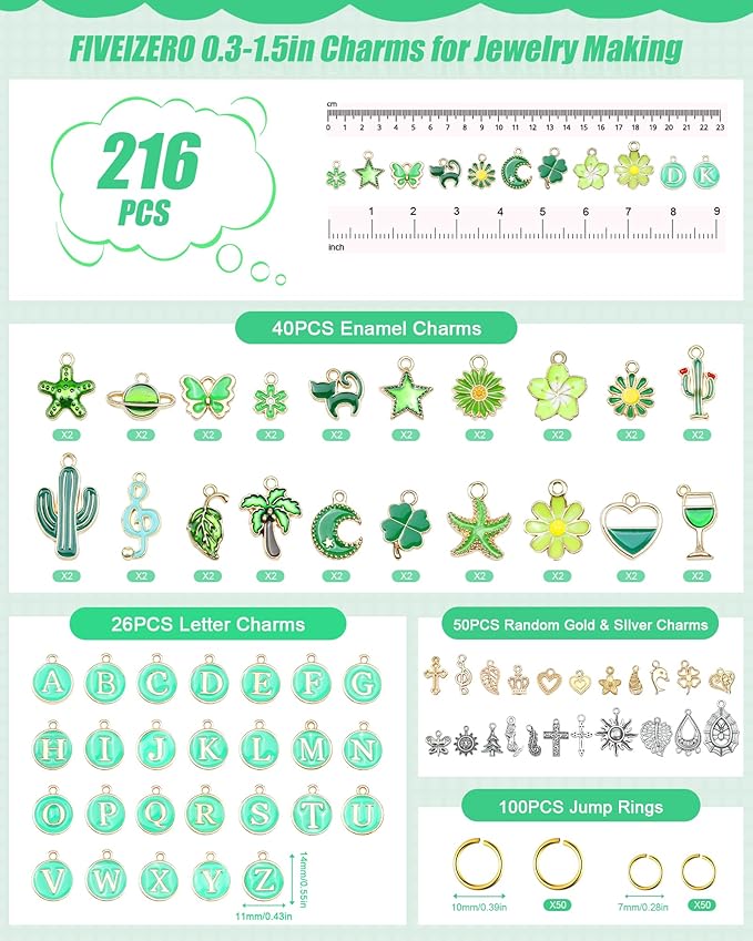 FIVEIZERO 216PCS Bracelet Charms for Jewelry Making – Assorted Gold & Silver Metal Enamel Pendants with Jump Rings for Necklaces, Earrings & DIY Jewelry Crafts(Green)