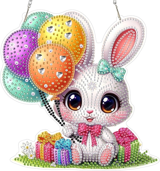 MOGTAA Easter Bunny Diamond Art Hanging Kits for Adults Beginners, Flowers Diamond Art Suncatchers, 5D Special Shape Animal Diamond Painting Window Pendant Kit for Home Garden Wall Decor