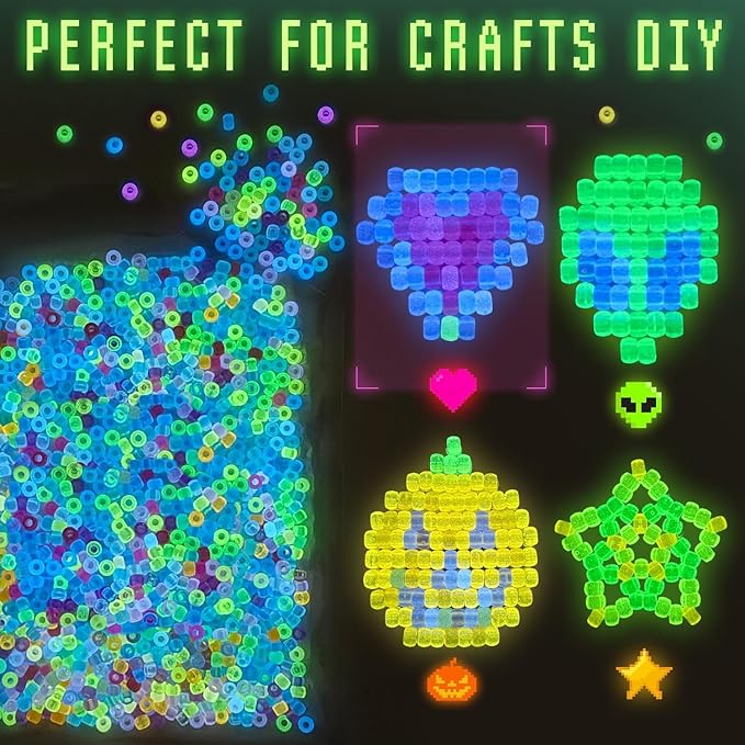 Glow in The Dark Pony Beads for Bracelets, 1000+pcs 6x9mm Rave Kandi Acrylic Beads Neon Luminous Colored Charms Hair Bead for Braids Girls Halloween Jewelry Making Crafts Party Supplies