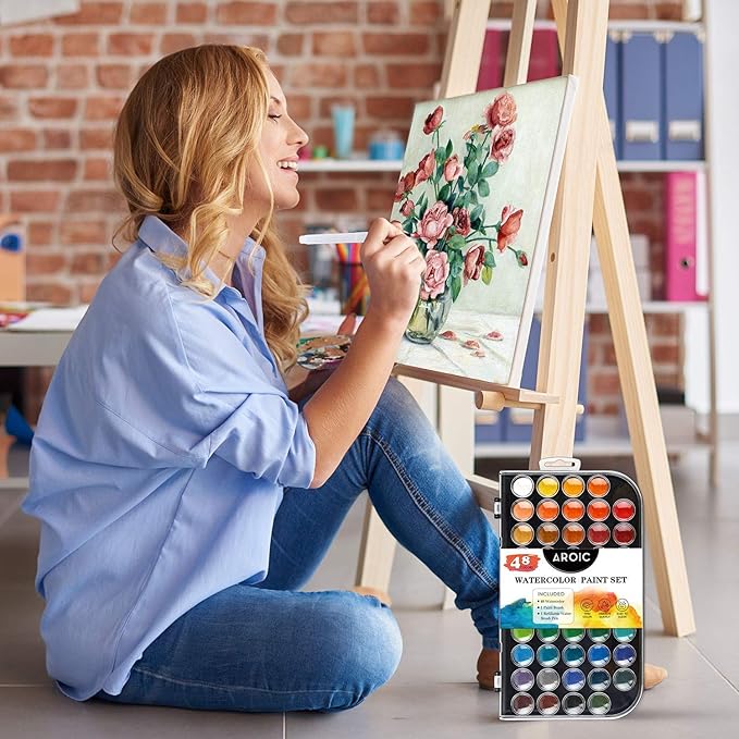 AROIC 48 Colors Watercolor Paint,Washable WaterColor Paint Set with a Refillable Water Brush Pen Travel Art Kit for Beginners & Artists Birthday Gift for Art Lovers 12 years old+