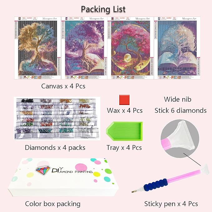 Muzagroo Art Diamond Painting Kits for Adults, DIY 5D Diamond Art Kits for Beginners, Tree of Life Canvas Arts and Crafts for Living Room, Kids Room 4 PCS Wall Art