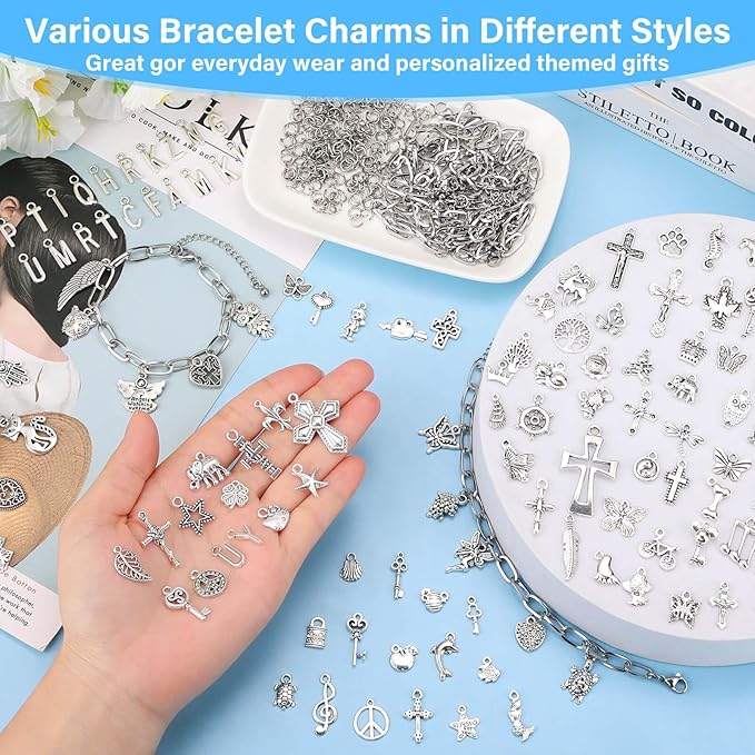 384 Pieces Silver Charm Bracelet Making Kit, Including Paperclip Chain Bracelets, Cross Charms, Jump Rings for DIY Bracelet Making