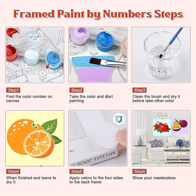 Canrichshop 6 Pack Paint by Numbers Kit for Adults & Kids Ages 4+ Framed-with Wooden Easel,Easy DIY Fruit Oil Painting on Canvas,Acrylic Paint by Number Beginner with Frame for Decor 8x8inch